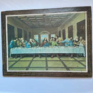 Vintage Mid Century print of The Last Supper on particle board wall hanging